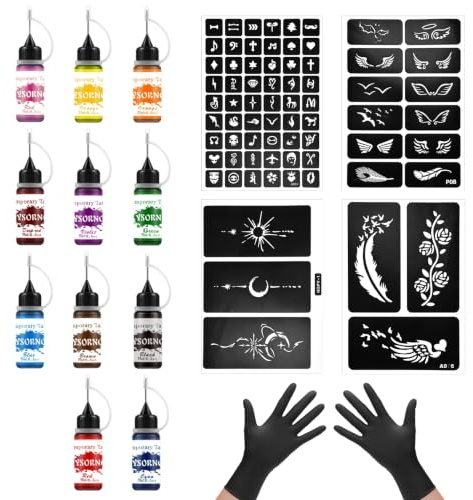 Henna Tattoo Set, 11 Farben Tinte Inklusive 72 Schablonen mit Handschuhe und Zubehör für Männer, Frauen, Malerei Partygeschenke, DIY-Kunst, Temporäre Tattoo für DIY Temporäre Tattoos Kreative Designs