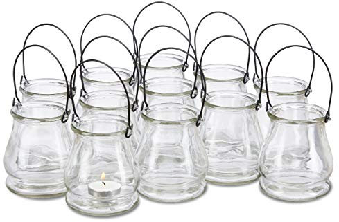 Relaxdays 24 x Windlicht aus Glas, runde Glasvase mit Henkel, Tischdeko für Drinnen u. Draußen, Hängewindlicht 10 cm hoch, klar