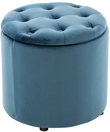 CLP Sitzhocker rund mit Stauraum Pantin, Fußhocker gepolstert mit Samtbezug, Hocker im Chesterfield Design für Wohnzimmer und Schlafzimmer Farbe blau