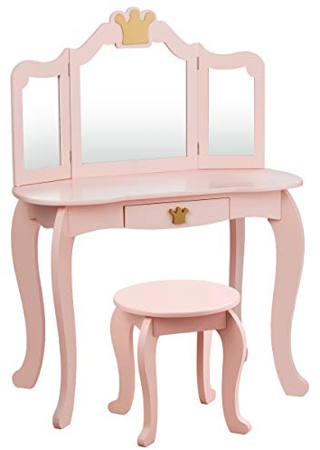 COSTWAY 2 in 1 Toeletta Trucco per Bambina 3+ Anni, Postazione Trucco Bambina a 3 Parti Rimovibile, Set in Legno di Pino con Sgabello, Cassetto e Dispositivo Anti-ribaltamento, per Cameretta (ROSA)