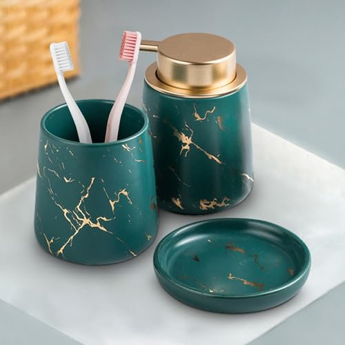 Set di accessori da bagno in ceramica, 3 pezzi, set creativo da bagno con portaspazzolino, bicchiere per spazzolino, portasapone, dispenser di sapone, set di accessori da bagno (verde scuro)