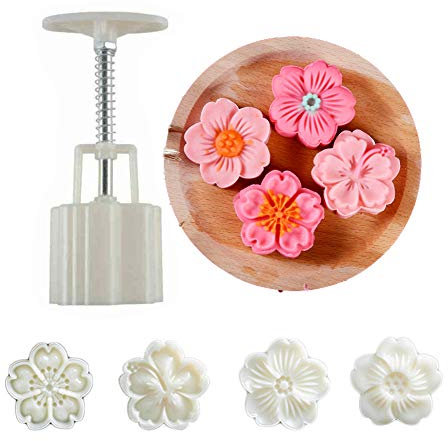 Ylskmu Mondkuchenform Set 4pcs 50g Keksstempel Kirschblüten Blumen Mitte Herbstfest DIY Handpresse Ausstechform Dessert Ausstecher Dekoration Blumenabdrücke Werkzeug Mooncake Maker