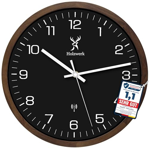 Holzwerk SEGEBERG Holz Funkwanduhr Funk Wanduhr Holz-Uhr Funkuhr lautloses Uhrwerk ohne Tickgeräusche Braun Buche Schwarz Weiß lautlos Massivholz Natur 30 cm (Schwarz)