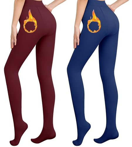 Libella Pacchetto da 2 collant termico donna con fodera interna invernale caldo coprente treggings senza cuciture vita alta collant sportivo multicolore Rosso Blu 4152 S