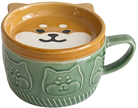 Liseng Japanese Cute Mug Ceramic Shiba Inu Panda Coffee Cup with Lid Home Couple Milk Breakfast Cup Water Cup (Green)