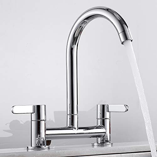 Kitchen Mixer Tap, 2 Hole Kitchen Sink Tap 180° Swivel Faucet Chrome Dual Lever Sink Taps 1/4 Turn Easy to Operate Twin Levers, Separate Controls for Hot and Cold Water (Chrome)