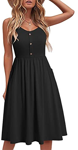 Yageshark Robe d'été pour femme Unie Spaghetti Swing Longue au genou A-ligne Bouton Robe Midi, Noir , XL