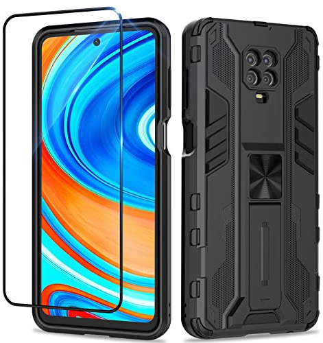 Btstring Funda para Xiaomi Redmi Note 9 Pro/Redmi Note 9S con Cristal Templado Protector Pantalla, Carcasa Protectora Antigolpes con Soporte Reforzado- Negro