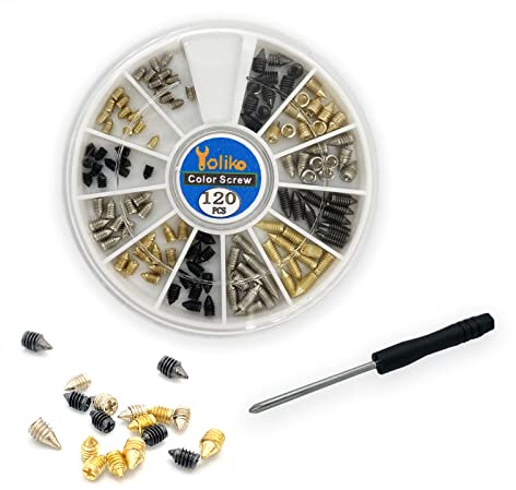 120 Pcs Nickel Plated Tip Screws Pointed Cross Slot Leather Accessories 3 Colors 4 Sizes Belt Screws Include M2x3，M2.5x4，M2.5x6，M3x5 with 2mm Screwdriver for Belt Buckle Wallet Handbag Purse