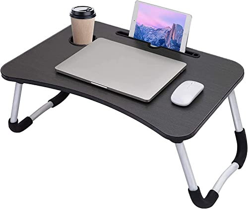TAVOLINO MULTICOLORE VASSOIO DA LETTO PIEGHEVOLE TAVOLO PORTATILE PER COLAZIONE RELAX LAVORO SMART WORKING CON PORTA TABLET E TAZZA BICCHIERE IN LEGNO E METALLO