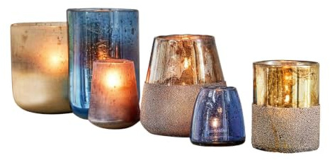 Loberon Windlicht 6er Set Paro, blau | mundgeblasen - Verschiedene Formen - Farben und Größen - Ziersteine - gemütliche Lichtstimmung - Wohnaccessoires