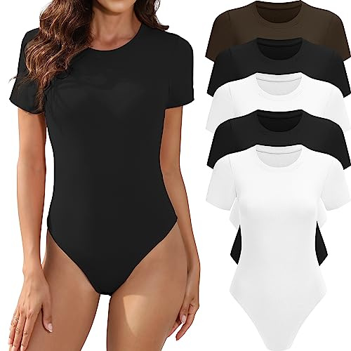 MLYENX 5er-Pack Kurzarm-Body für Damen, Rundhalsausschnitt, lässig, dehnbar, Basic-T-Shirt, Bodysuit, Tops, 5er-Pack: schwarz, schwarz, weiß, weiß, kaffeefarben, M