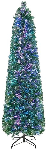 COSTWAY Albero di Natale Artificiale con Fibra Ottica 150/180 CM, Albero di Natale Slim Preluminato con 361/517 Rametti, Base in Metallo Pieghevole, Ideale per Casa, Ufficio e Feste (180 cm)