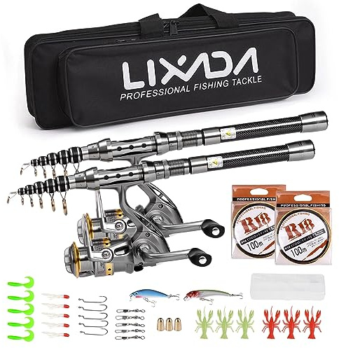 Lixada Canna da pesca Combo Set 1.5/1.8/2.1/2.4m 2PCS Rod Reel Canna da pesca telescopica in fibra di carbonio Mulinelli da pesca Set da pesca con ganci Esche morbide Barile Girelle Borsa di