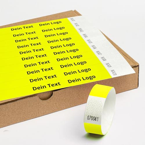 Personalisierbar Einlassbänder aus Tyvek 100 Stück - 19x255 mm Neongelb | Mit Aufdruck oder Logo, Events, starke Klebstoffbindung, Antiallergen - Selbstklebend und Wasserdicht Festival Armbänder