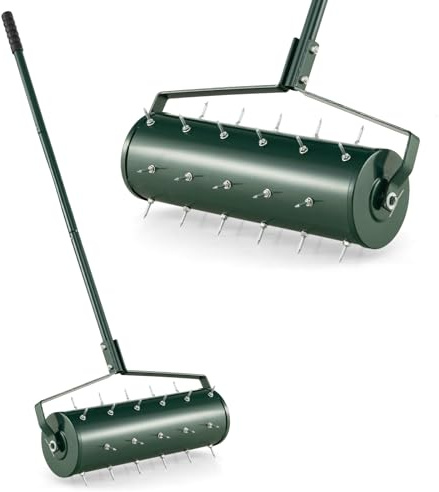 Goplus Rolling Lawn Aerator, 21-Inch Garden Yard Rotary Push Tine Filled Sand Stone, Heavy Duty Spike Soil Aeration w/Metal Handle, Fillable Drum 51 Manual Lawn Aeration Tool Garden Grass Patio Yard