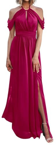 Vestidos de dama de honor para mujer, vestido largo halter para invitada de boda con abertura acampanada, vestidos de noche de gasa plisados, fucsia, 34