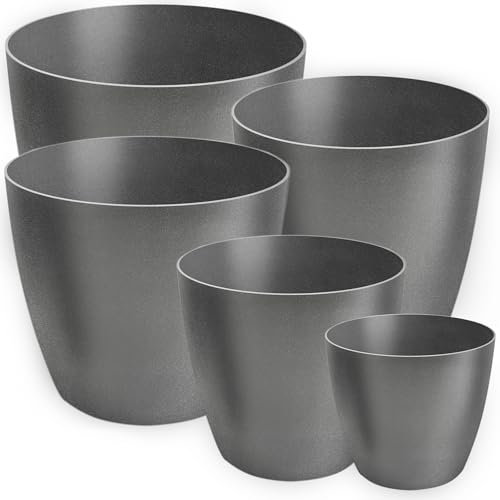 PECZEKO Blumentopf matt, 5er-Set blumenkübel, 12/14/16/18/20 cm Pflanzkübel aus Übertopf Kunststoff Topf für, groß und klein Pflanzen, 5er-Set blumenkübel kräutertopf, Graphit
