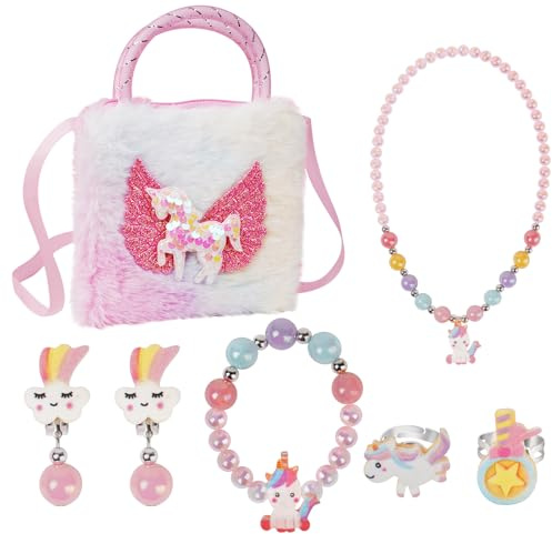 OSDUE Bolso de Peluche de Unicornio para Niña con Anillo, Collar, Pendientes y Pulsera - Joya de Princesa y Regalo para Fiesta