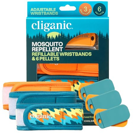 Cliganic Mosquito Repellent Pack (3 Wristbands + 6 Refill Pellets) - Adjustable, Natural DEET-Free, Essential Oil Infused
