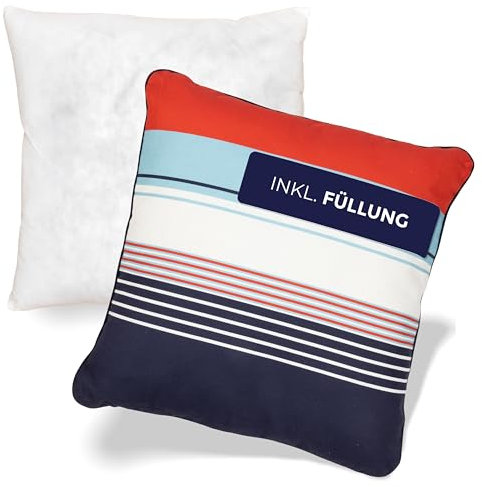 NOAH VERDE Premium Zierkissen-Maritim Streifen, Kissen 45x45 Marinelook: Blau Weiß Rot Türkis, Sofakissen mit Füllung und Bezug, Outdoor Kissen, Zierkissen & -hüllen Dekokissen nautisch gestreift