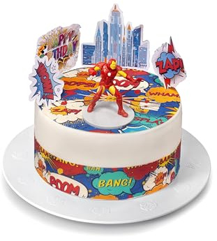Kardasis Iron Man Disque Sucre Comestible 20cm Déco Gâteau 3D | Disque sucre comestible Iron Man 20cm avec 4 bandes 28x4cm, 4 figurines papier et 1 figurine 3D pour gâteau