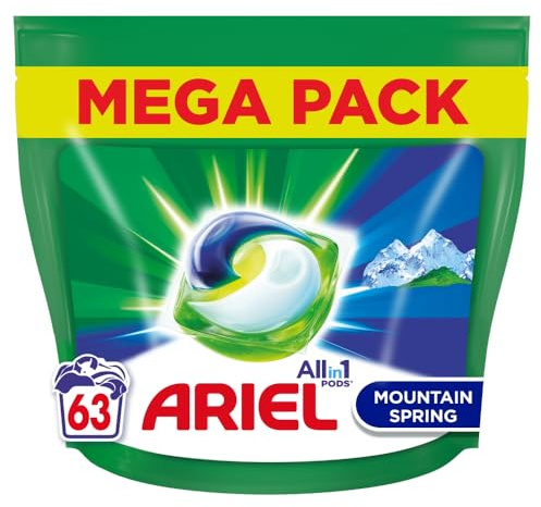 Ariel All-in-1 PODS, Waschkapsel 63 Wäsche, Mountain Spring, Ausgezeichnete Schmutzentfernung auch bei niedrigeren Temperaturen und kürzeren Zyklen