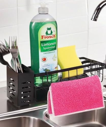 KOTKMSXTSW Spülbecken Organizer Küchen, 2-kompartimentiger Spüle Caddy Organizer, Schwammhalter/Spüllappenhalter mit Abflusspfanne, Schwarz