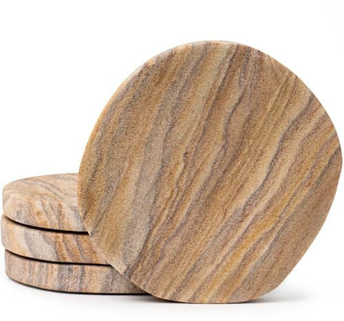 Cork & Mill Absorbent Coasters Set of 4 - Water Absorbing Sandstone Coasters for Drinks - Perfect for Coffee Table, Office Desk, Outdoor, Bedroom Nightstand - 4 Round - Unique Irregular Edge Design