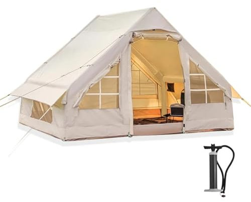 Aufblasbares Campingzelt mit Pumpe, 5-8 Personen Glamping-Zelte, einfacher Aufbau 4-Jahreszeiten-wasserdichtes winddichtes Outdoor-Aufblaszelt, Luxus-Kabinenzelt mit Mesh-Fenstern und -Türen