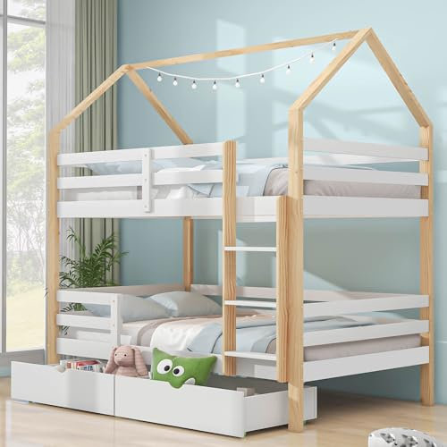 Kinderbett Etagenbett Hausbett 90×200cm mit 2 Schubladen und Rausfallschutz für Jungen und Mädchen, Kiefer Holzbett Einzelbett mit Leiter und Lattenrost für 2 Kinder, Weiß+Holzfarbe, Ohne Matratze