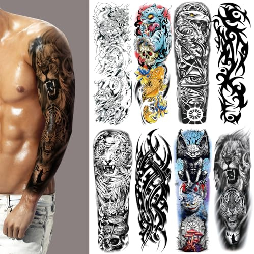 Halloween Black ScaryFull Arm Temporary Tattoo for Men, 8 Sheets Skull Skeleton Sleeve Tattoos Temporary, Demon Horrible Fake Tattoos That Look Real, Tigers, Lion, Koi, Eagle for BBQ Pool Beach Party