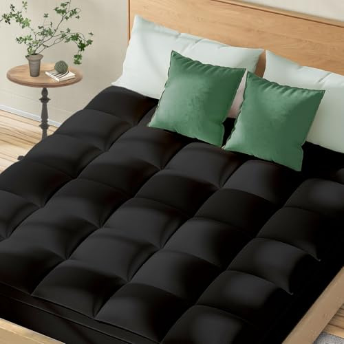 Topllen King Mattress Topper for Back Pain Relief, Extra Thick Pillow Top Plush Mattress Pad with Deep Pocket, Soft Pillowtop King Size Bed Toppers Filled Fluffy Down Alternative, Black