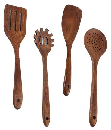 Utensilios de Cocina Madera, Set de Espátulas y Cucharas 4 Piezas, Natural Menaje para Sartenes Antiadherentes, Juegos Que No Se Rayan