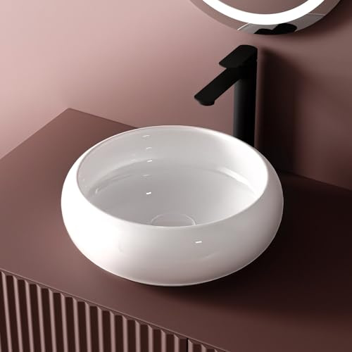 EMKE Lavabo da appoggio rotondo in ceramica, 36 x 36 x 12 cm, colore bianco, lussuoso lavabo da appoggio per bagno e WC degli ospiti