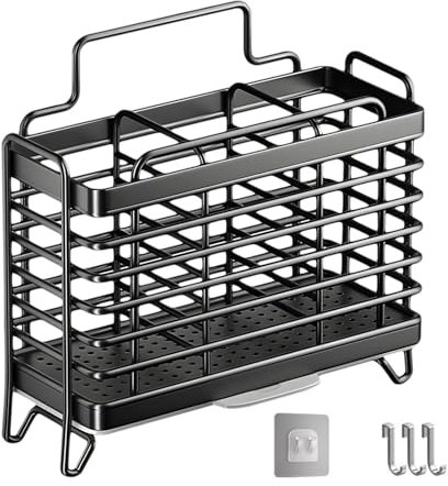 Jadin Küchenutensilienhalter, Besteckkorb, Kochlöffelhalter, Besteckabtropfkorb aus Edelstahl, 3 Partitionen zur Aufbewahrung, Montage ohne Bohren, Wandmontiert, Abnehmbares, mit Tropfschale, Schwarz