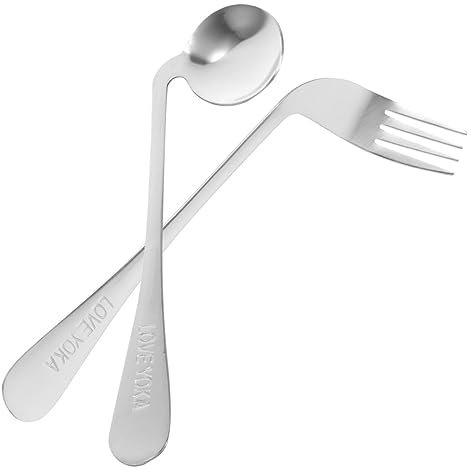 GARVALON Curved Spoon and Angled Fork Feeding Aid Set for Disabled Patients, Left Hand Practical Auxiliary Tableware 2pcs, Ergonomic Design for Elderly and Bedridden Use