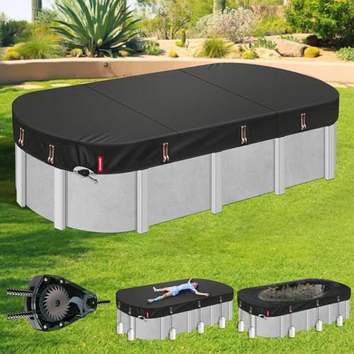 QH.HOME Cubierta ovalada de invierno para piscina ovalada de pared de acero de 18 x 33 pies, tela resistente mejorada 2025 duradera y resistente al viento, con trinquete de ajuste rápido, resistente