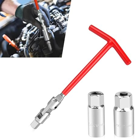 DACIRTY 3 PCS Car Spark Plug Socket Wrench Set – 5/8 / 16mm & 13/16 / 21mm T-shaped Anti-slip Handle Hexagonal Carbon Steel Universal Joint Tire Socket, Fits for Cars SUVs (Red & Silver)