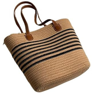 AMENGJ Bolso de Mano de Mujer Bolso de Paja a Rayas, Bolso de Playa de Gran Capacidad(Khaki)
