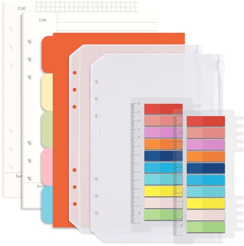 Ringbuch A5 Nachfüllbar Set, 6 Löcher A5 Nachfüllbare Notizpapier 90 Blätter (Gitter + liniertes), 5 Stücke Farbige Trennblätter, 400 Stücke Haftnotizen Bunt, 10 Stücke Umschlägbeutel