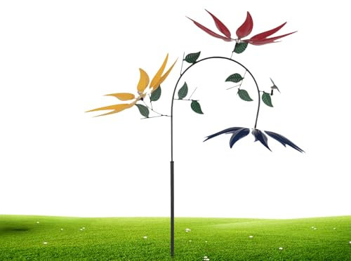 Metall Windmühle Garten - Windspiel Garten Mit 3 Rotierenden Blumen und Schmetterlingen, Windspiele für Draußen, Magische Windmühle für Außenterrasse, Obstgarten, Hof, 95x30cm