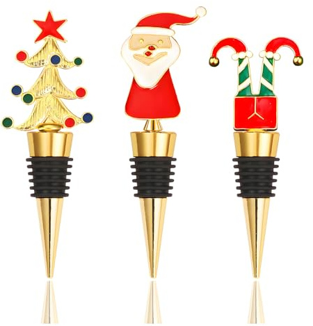 Pwsap 3 Stück Weinflaschenverschluss Weihnachten, Goldene Weinstopper Weihnachtsmann Elfe Baum Flaschenverschluss Weinverschluss für die Weinsammlung Wein Champagner, Lustige Weihnachten Geschenke