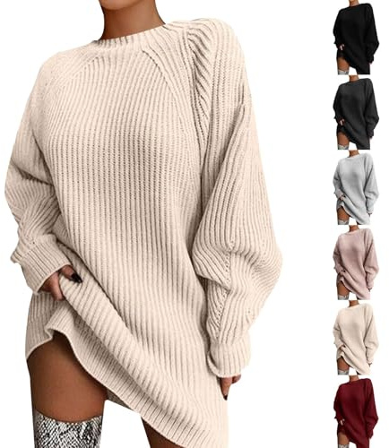 Longline Jumpers for Women UK Elegant Womens Jumpers Dress Fashion Crew Neck Pullover Sweaters Solid Color Plus Size Ladies Sweaters Casual Long Sleeves Loose Fitting Tops Winter Warm Knitwear Beige
