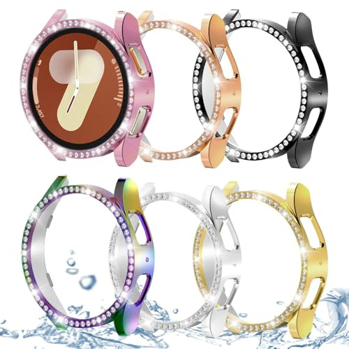 DEALELE [6-pack] klockfodral kompatibelt med Samsung Galaxy Watch 7 44 mm, bling, en rad diamant PC skyddande fodral, ersättning klockskydd, stötfångare (44 mm, svart + silver + roséguld + rosa +