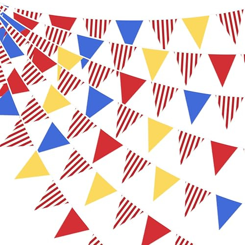 32Ft Red Blue Yellow Bunting Banner Carnival Theme Party Decorations Red Striped Carnival Circus Clown Fabric Pennant Triangle Flag Garland for Kids Birthday Baby Shower Holiday Outdoor Garden Party