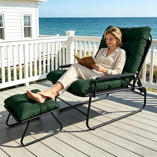 OVLRIJP Loungesessel Outdoor, Balkonsessel Liegestuhl Gartenliege, Relaxsessel Garten mit Hocker, Auflage Abnehmbar, 5-Positionen Liegefunktion, Relaxliege für Garten, Terrasse, Balkon, Grün