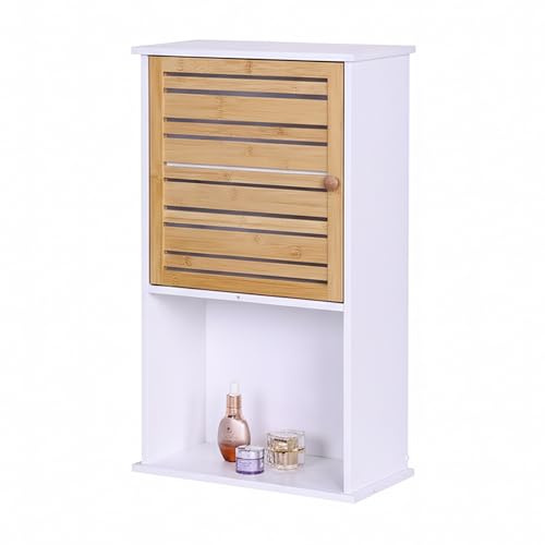 Armario Colgante para baño Relaxdays, 3 Compartimentos, HBT: 70 x 40 x 20 cm, Mueble con Puerta de bambú, Blanco/Natural