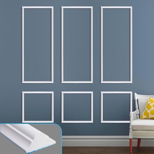 JOOFAN Self-Adhesive Wall Moulding Kit, White, 6-Frame Mixed Set | Pre-cut paintable polystyrene trim with 3 frames 56 x 23 in and 3 frames 23 x 23 in