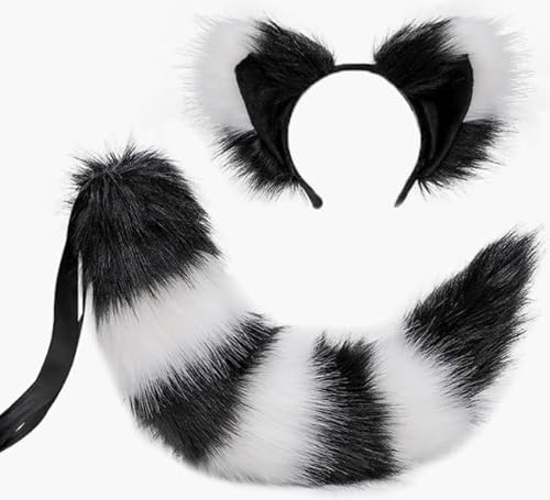 JIAHG Halloween Cosplay Kostüm Fuchs Ohren und Schwanz Set Katze Wolf Waschbär Ohren und Schwanz Set Tier Pelzschwanz Ohren Stirnband Halloween Weihnachten Rollenspiel